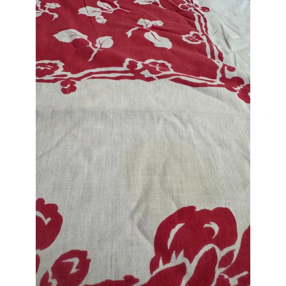 Vintage‎ Red White Floral Square Card Table Tablecloth Screen Print MC 43x43
